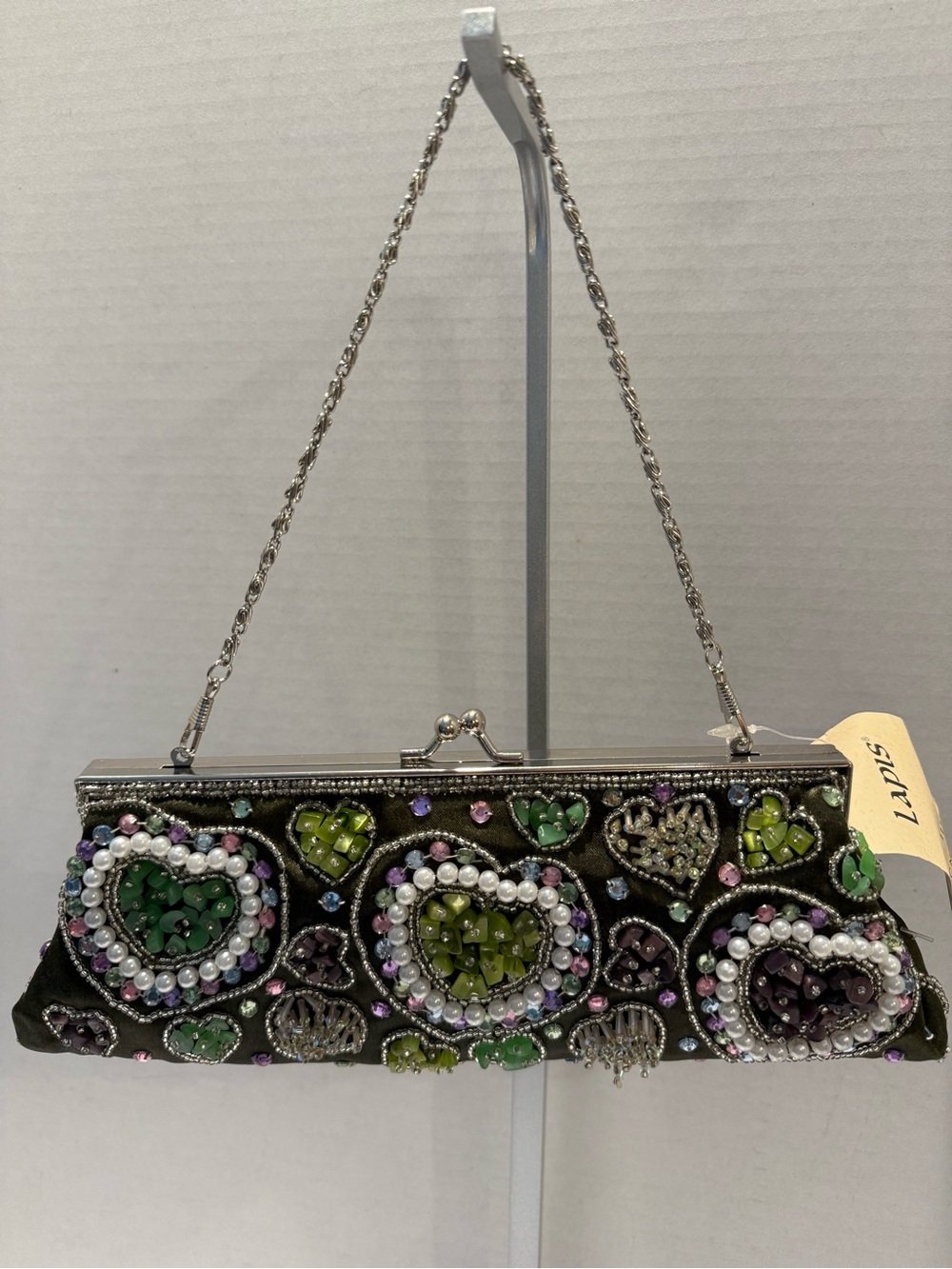 NWT Lapis Beaded Olive Green Heart Evening Clutch with short and Extended Chain